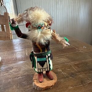 Native-style Kachina Doll Figurine in Turquoise, Black & Cream- Signed E/B
